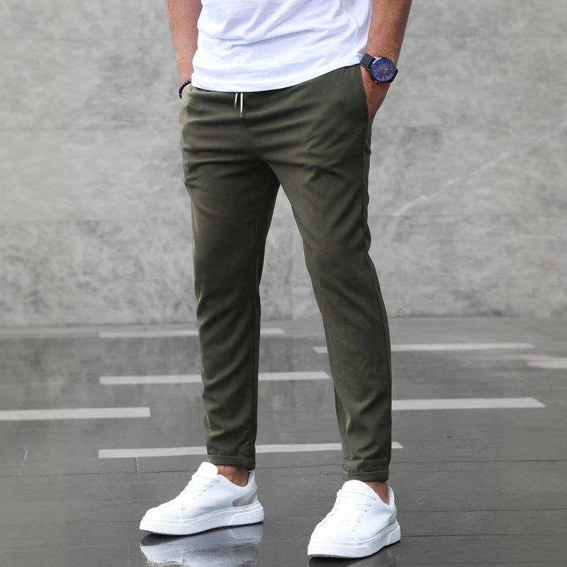 Men's Casual Drawstring Trousers Slim Fit Straight Leg Pants with Pockets Trendy