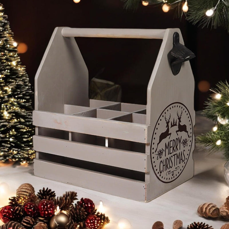 RUSTIC GREY  6 BOTTLE HOLDER WITH OPENER
