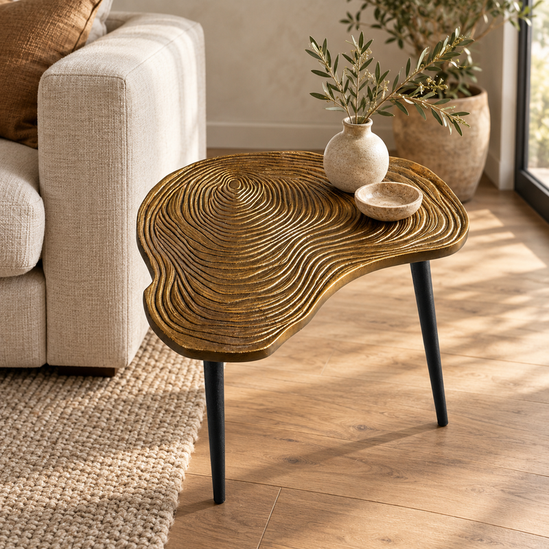 Brass Clover Side Table | Etched Top & Black Iron Legs