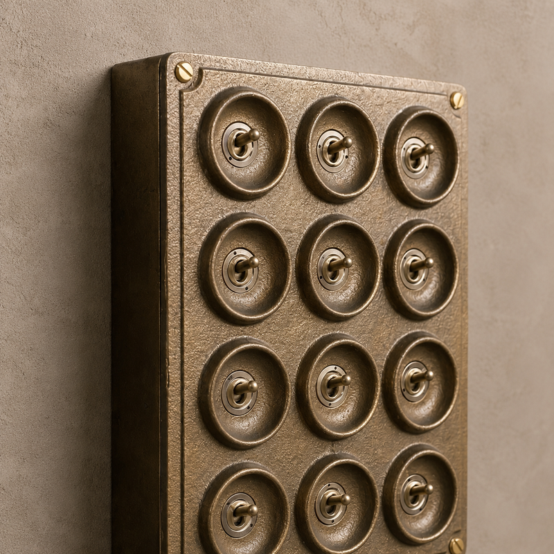 12 Gang 2 Way Bronze Solid Cast Metal Surface Mounting Conduit Light Switch Industrial - BS EN Approved Vintage Crabtree 1950’s Style