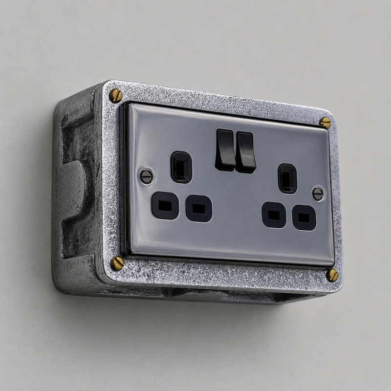 Black Nickel Double Switched 13A Power Socket 230V 13A 2 Gang 2G Solid Cast Metal Conduit Switch Industrial