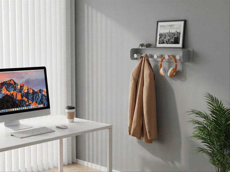 Durable DURASTORE Aluminium Wall Mounted Coat Rack 5 Hooks with Shelf | Grey