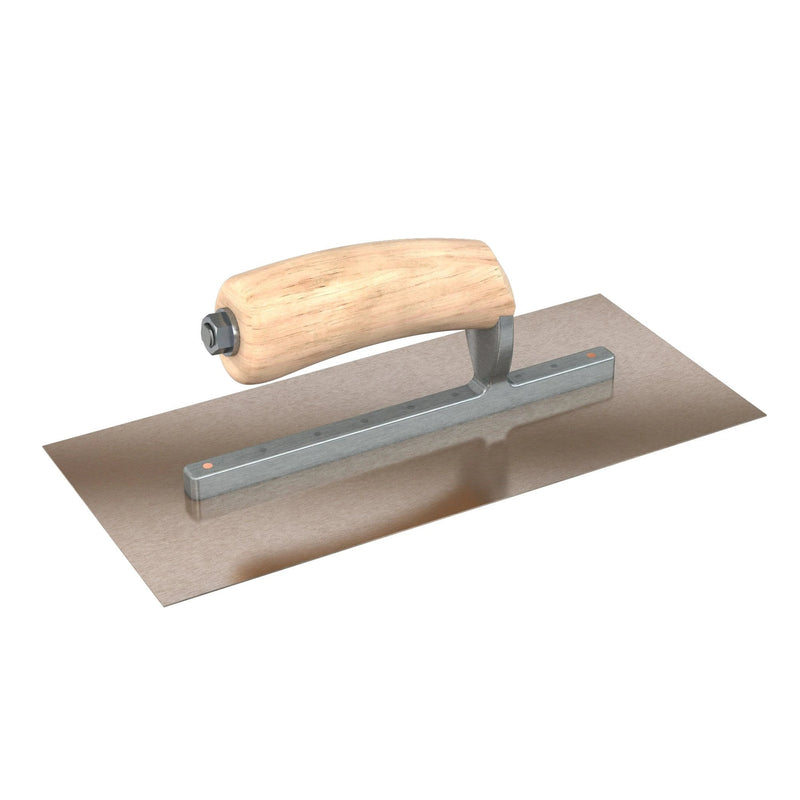Bon Tool Golden Stainless Steel Square End Finish Trowel - Long Shank - Camel Back Wood Handle