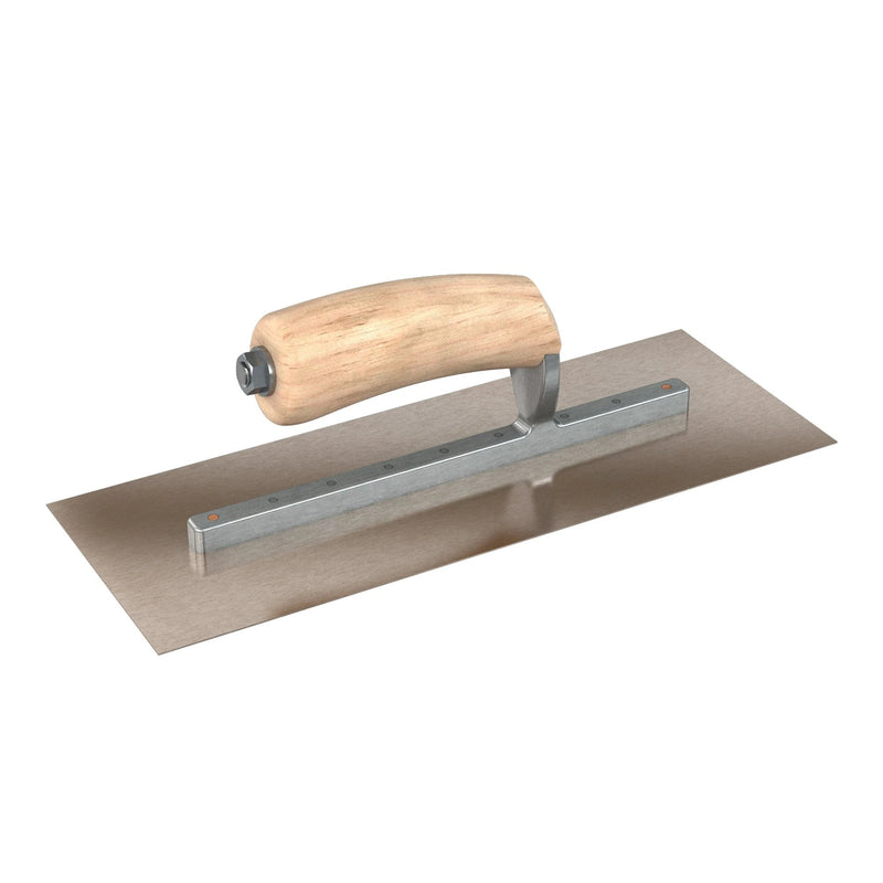 Bon Tool Golden Stainless Steel Square End Finish Trowel - Long Shank - Camel Back Wood Handle