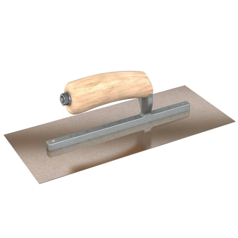 Bon Tool Golden Stainless Steel Square End Finish Trowel - Long Shank - Camel Back Wood Handle