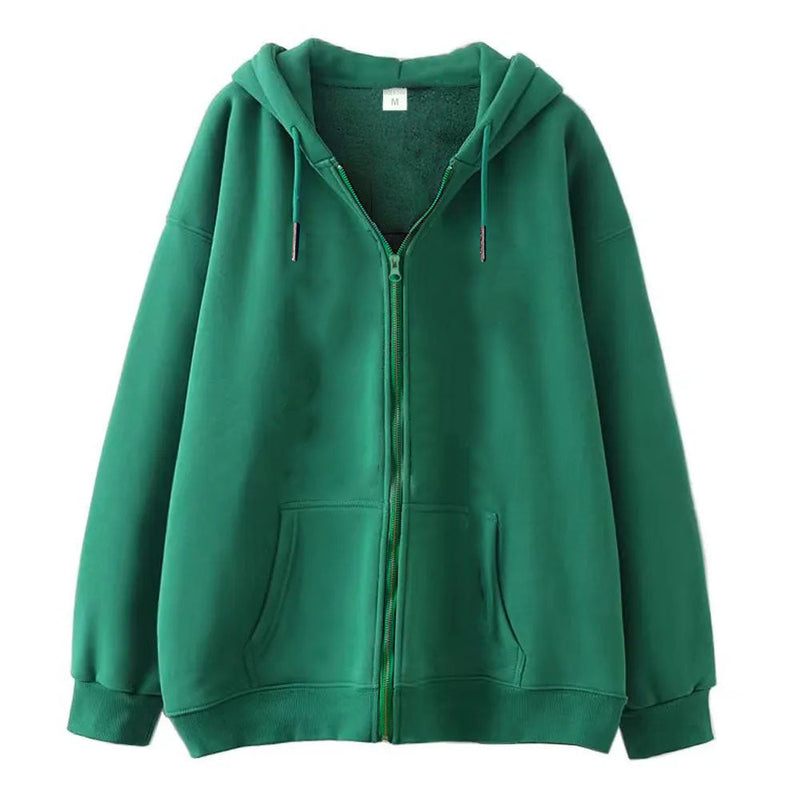 Full-zip Hoodie With Fleece-lined Solid-color Sweatshirt