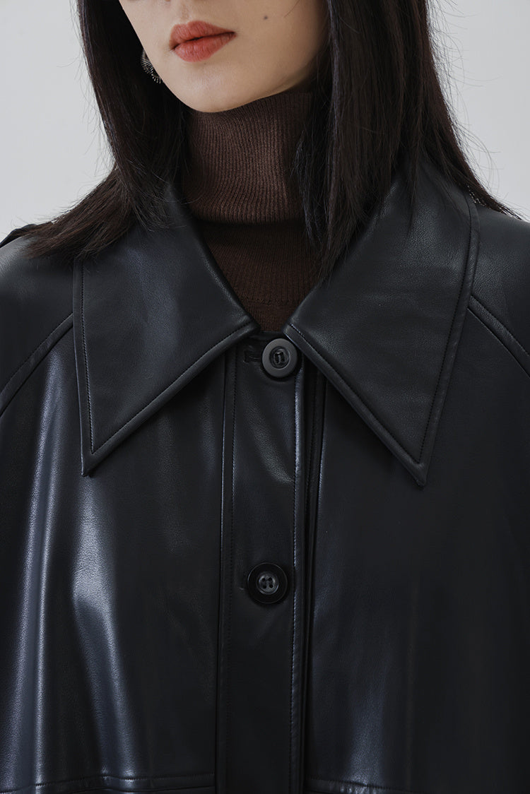 Women's Mid Length Green Leather Trench Coat