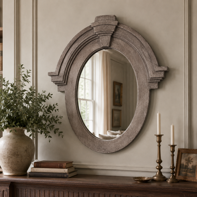 Mansard Architectural Oval Wall Mirror - Distressed Grey Wood Frame