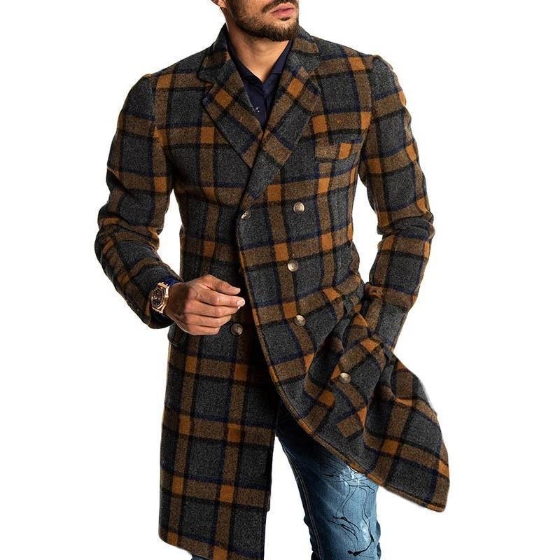 Men's mid-length plaid woolen coat