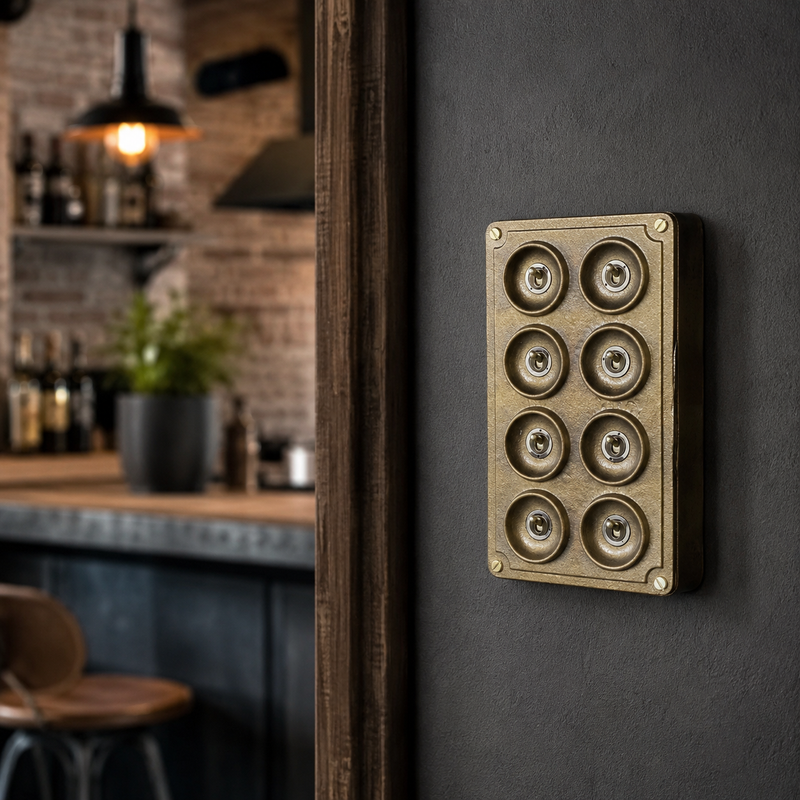8 Gang 2 Way Bronze Solid Cast Metal Conduit Light Switch Industrial - BS EN Approved Vintage Crabtree 1950’s Style