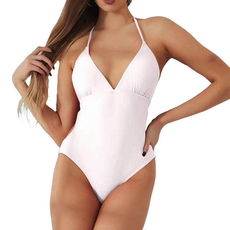Women's V-neck Backless Solid Color Swimsuit