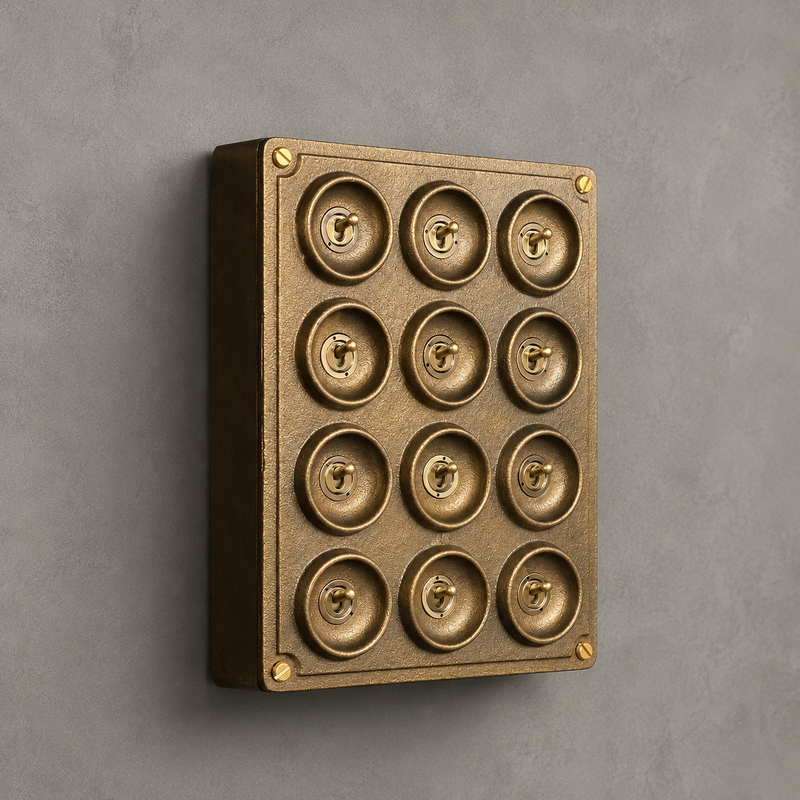 12 Gang 2 Way Bronze Solid Cast Metal Surface Mounting Conduit Light Switch Industrial - BS EN Approved Vintage Crabtree 1950’s Style
