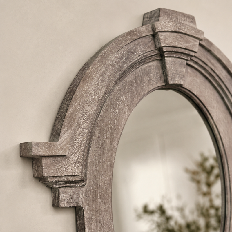 Mansard Architectural Oval Wall Mirror - Distressed Grey Wood Frame