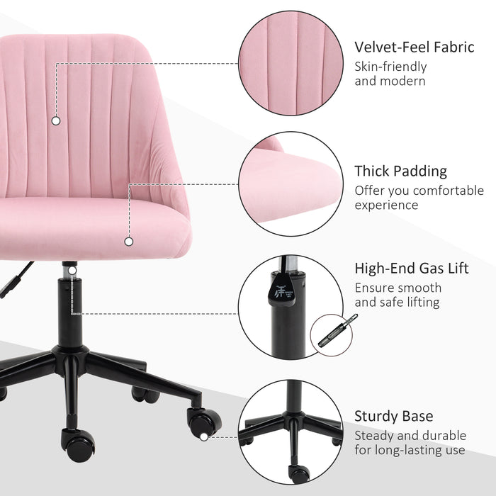 Vinsetto Velvet Office Chair with Adjustable Height and Wheels, Pink