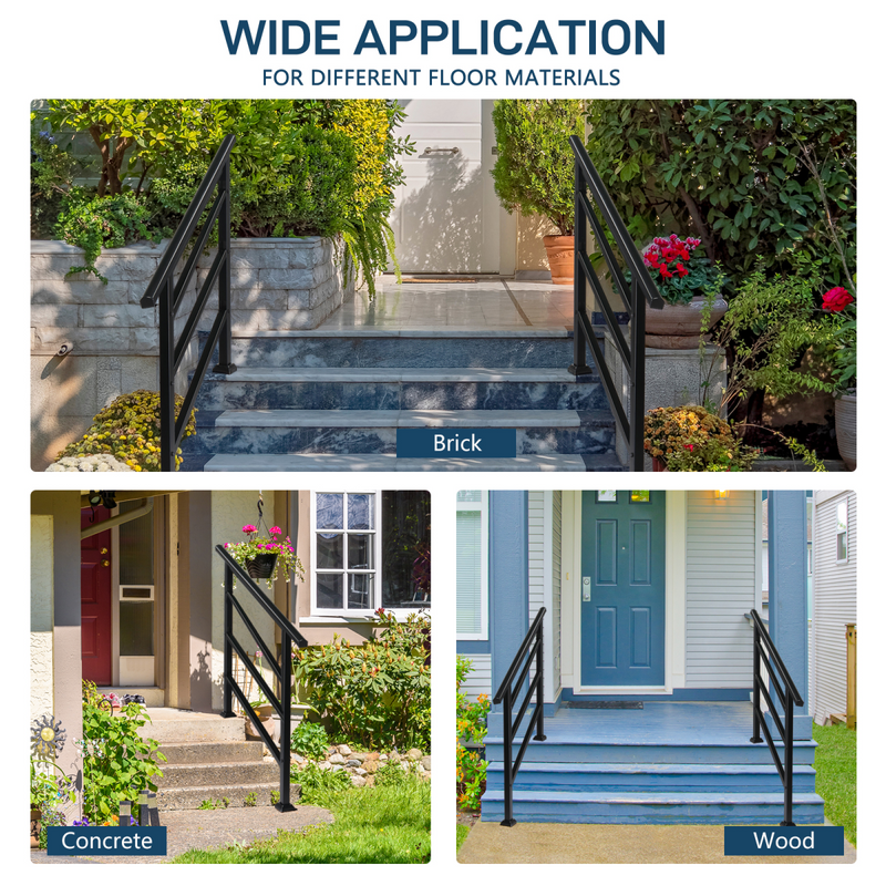 [Same Code：04286986]Handrails for Outdoor Steps, Wrought Iron Handrail Fits 1 to 4 Steps, Transitional Handrail with Installation Kit, Black
