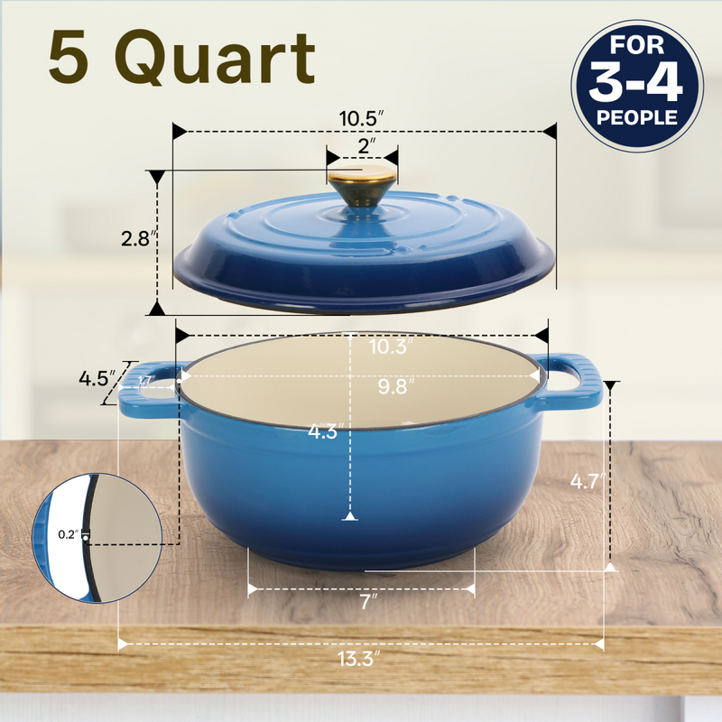 Cast iron 5QT cooking pot - Gradient blue - Includes two silicone gloves - Enamel pot