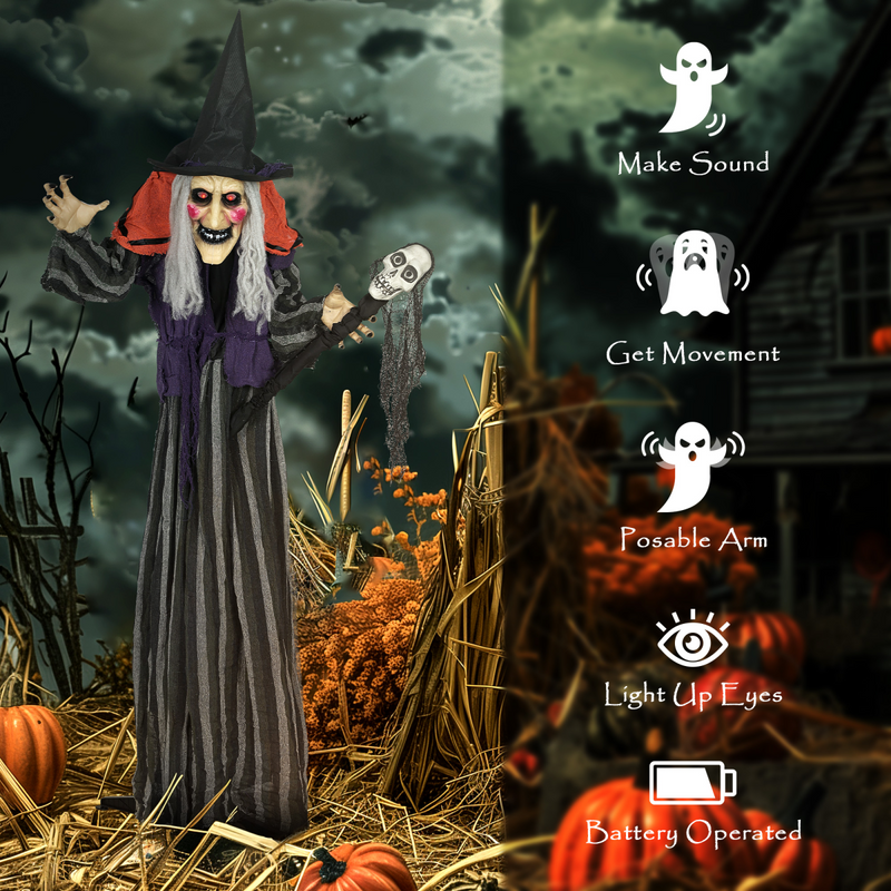 Outsunny Voice Activated Halloween Animatronics Standing Witch & Skull Staff