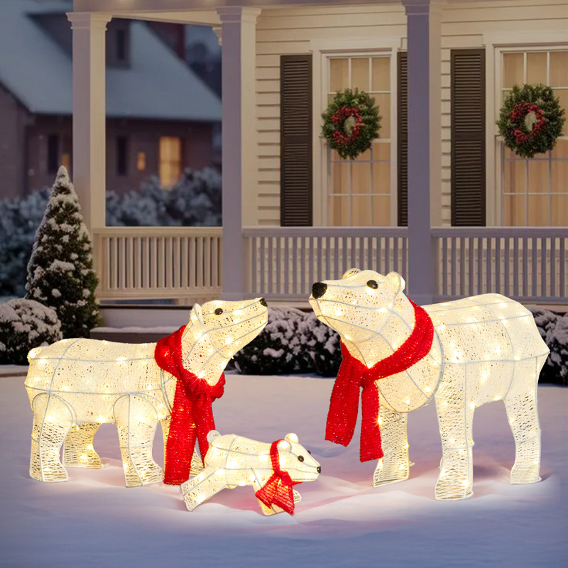Set of 3 Lighted Polar Bear Family Christmas Decorations, Pre-lit Holiday Decor with 190 Warm White LED Lights for Xmas Outdoor Indoor Decor Lighted Holiday Displays, White