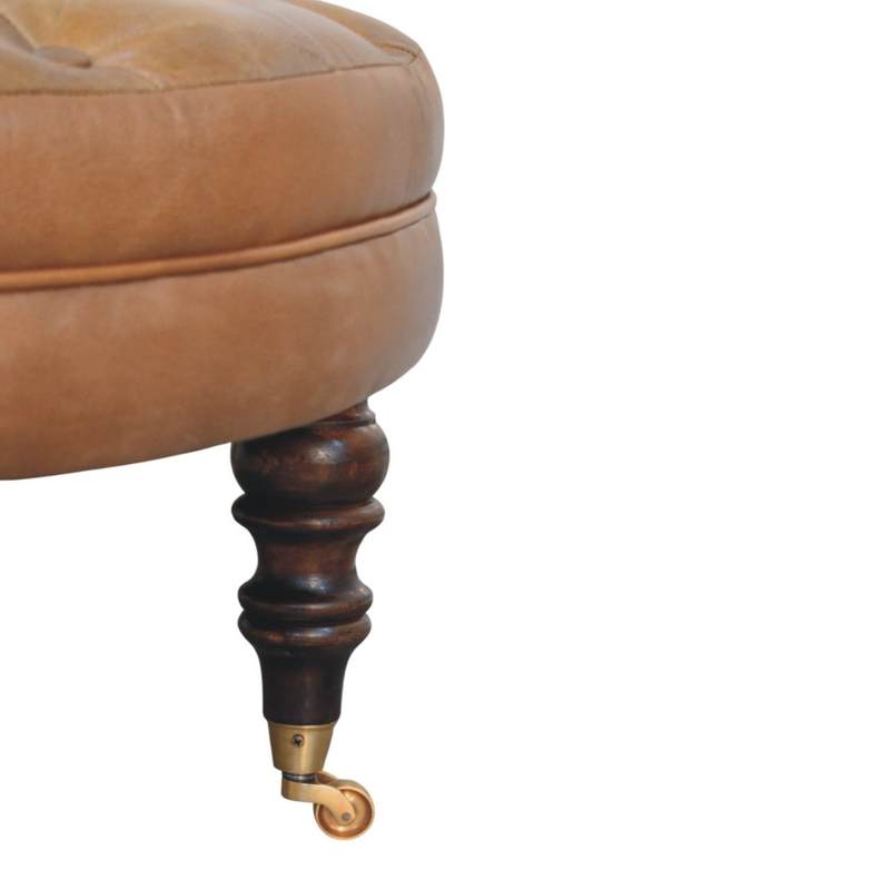 Artisan Furniture Solid Wood Brown Buffalo Leather Round Ottoman with Castor Legs, Brown