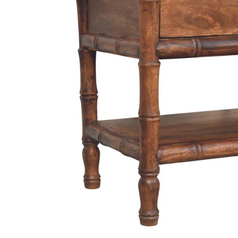 Artisan Furniture Solid Wood Upholstered Bamboo Carved Storage, 2 Drawers, 1 Shelf, Brown