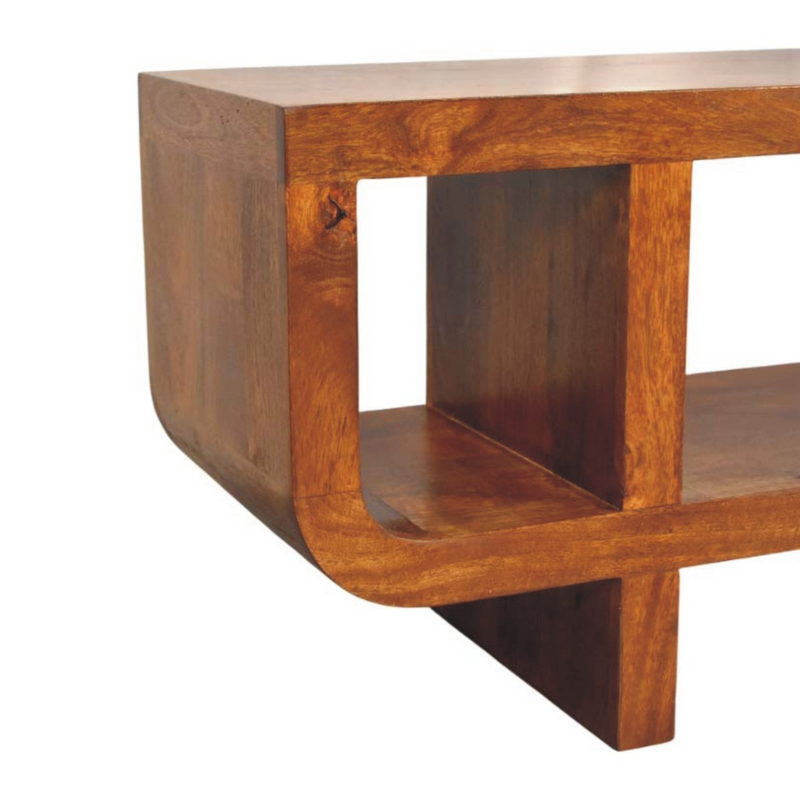 Artisan Furniture Solid Wood Orion Curved Chestnut Media Unit, 3 Open Shelves, Dark Brown