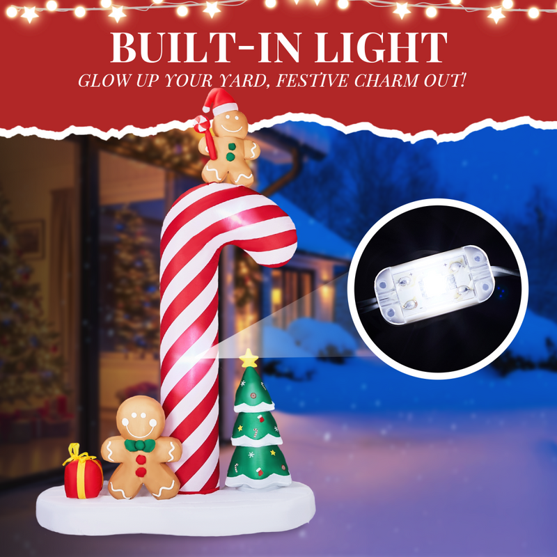 2.45M Lighted Christmas Inflatable Decoration, Inflatable Giant Candy Cane with Gingerbread Men, Funny Blow Up Yard Decorations with Built-in LED Lights for Holiday Party Front Yard Lawn Garden Decor