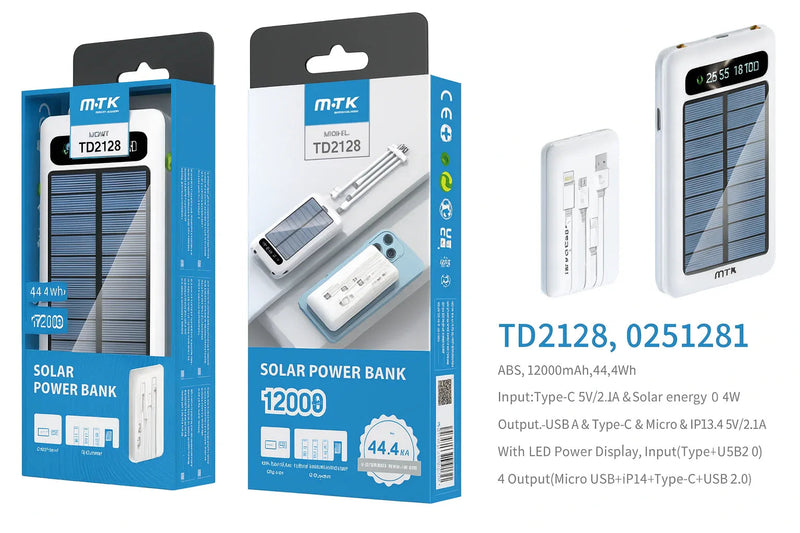 12000mAh Power Bank with Solar Panel Micro USB, iPhone, Type-C, and USB With LED