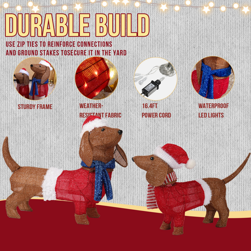 Set of 2 Lighted Dachshund Dog Christmas Decorations, Pre-lit Holiday Decor with 115 Warm White LED Lights for Xmas Outdoor Indoor Decor Lighted Holiday Displays, Brown