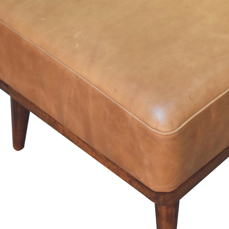 Artisan Furniture Solid Mango Wood Tan Buffalo Leather Tan Footstool