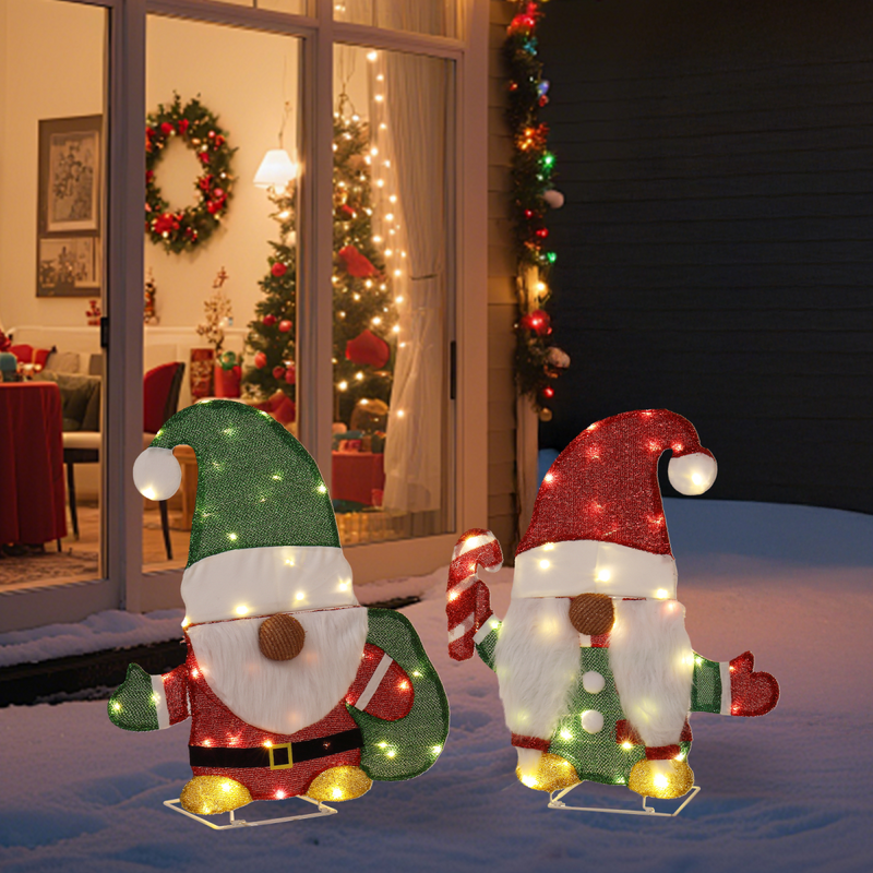 Set of 2 Lighted Gnome and Candy Cane Christmas Decorations, Pre-lit 2D Holiday Decor with 80 Warm White LED Lights for Xmas Outdoor Indoor Decor Lighted Holiday Displays