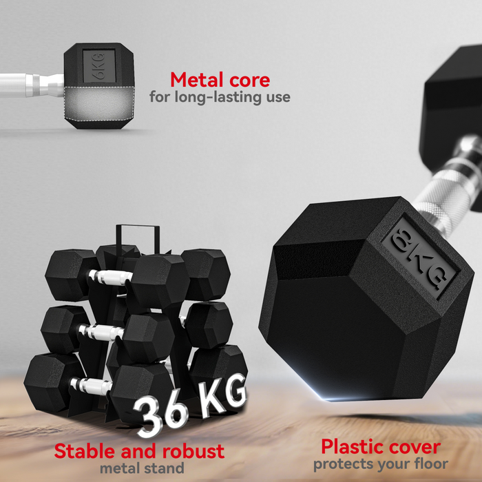 SPORTNOW 36KG Hex Dumbbell Set with Dumbbell Rack, Rubber Coated Weights