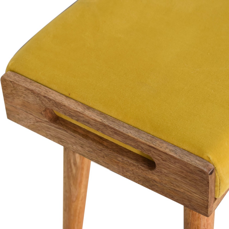 Artisan Furniture Solid Mango Wood Mustard Velvet Tray Style Footstool