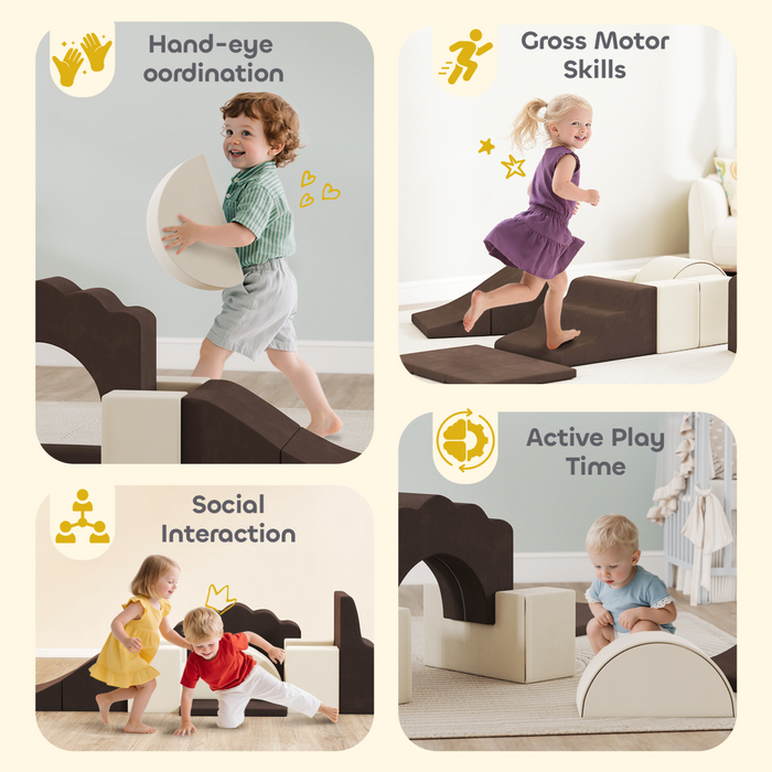 AIYAPLAY Kids Soft Play Set, 7 Piece Foam Climbing Blocks, Brown