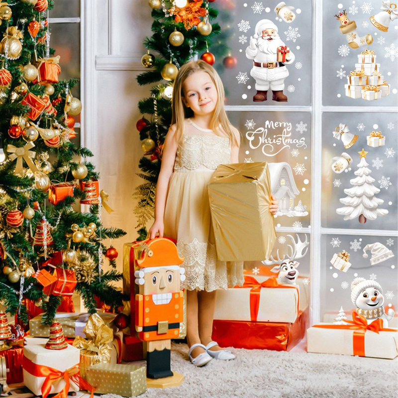 Nepfaivy Christmas Window Stickers Reusable 190Pcs - Double Sided Xmas Window Stickers Christmas Scene, White Christmas Snowflake Reindeer Stickers, Static Window Clings for Christmas Decorations