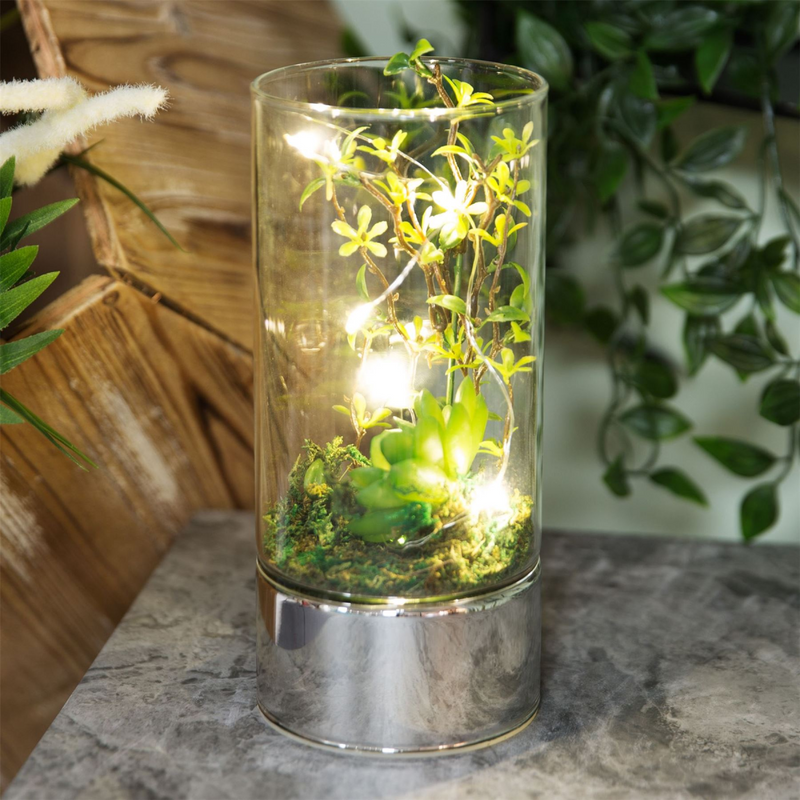 Glass Tube Terrarium w/ Artificial Succulents and LEDs 20cm