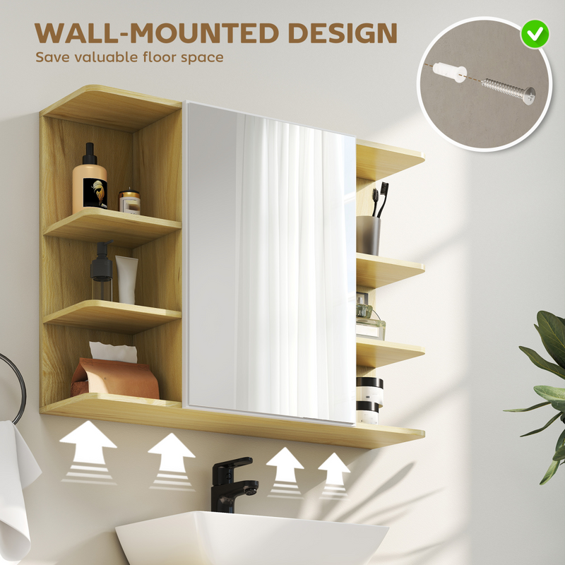 HOMCOM Bathroom Wall Cabinet with Mirror and Open Storage Shelves Natural