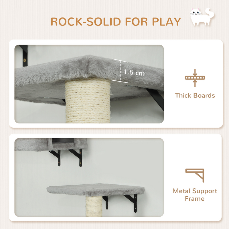 PawHut 6-Piece Cat Wall Shelves Set, Cat Wall Furniture with Condo, Grey