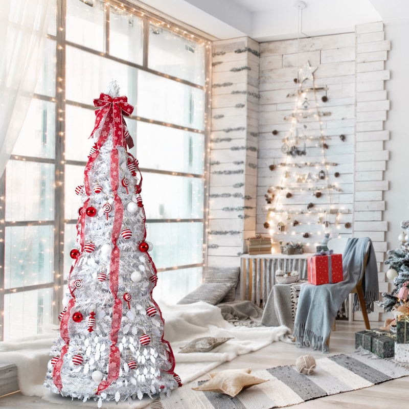 6 FT Fully Decorated Pre-lit Christmas Tree, Pop Up Artificial Xmas Tree with 100 Warm Lights and Red Ornaments for Home Office Store Holiday Deco, White