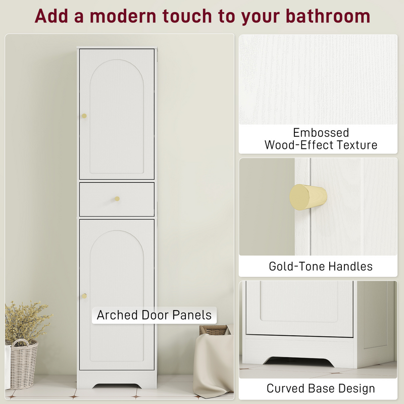 HOMCOM Tall Bathroom Storage Cabinet with Arch Doors Adjustable Shelf White