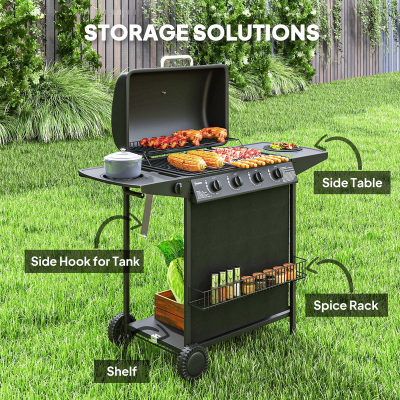 Outsunny 5 Burner Gas Barbecue Grill Portable Gas BBQ Grill with Lid, Black
