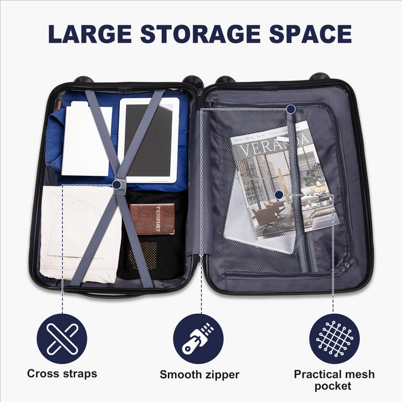 V-striped 2-piece suitcase with PP handbag PP trolley case 14in 20in PP iron trolley classic colour - black (grained pattern)