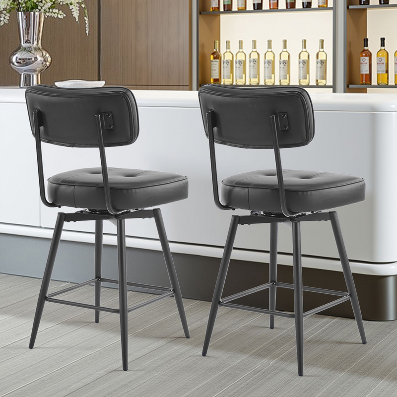 2 Pcs Black PU Swivel Bar Stools with Button-Tufted Backrest and Metal Legs