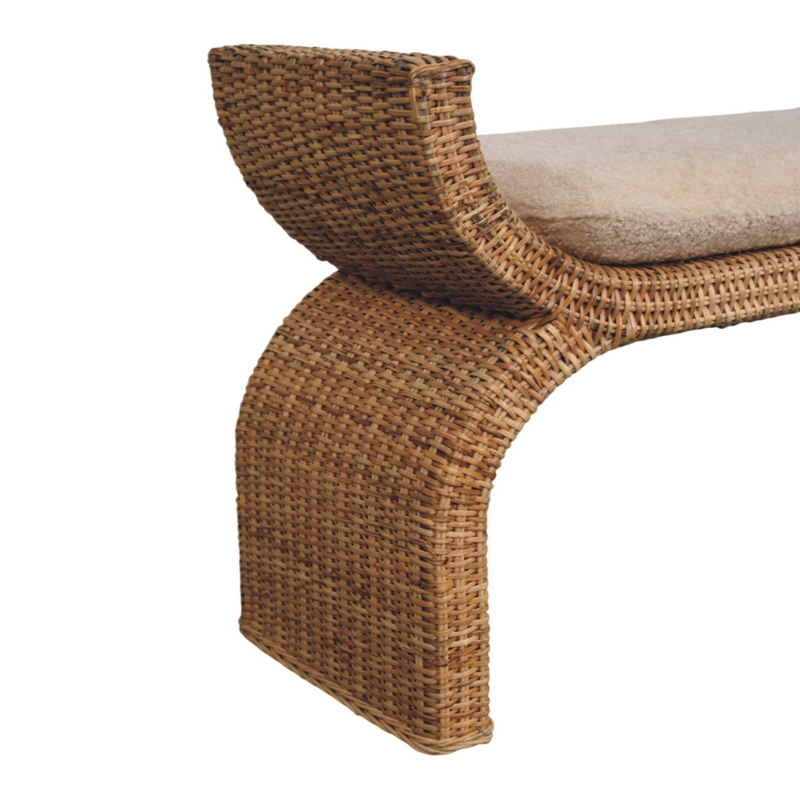 Artisan Furniture Solid Wood Rattan Weave Boucle Bench, Upholstered, Brown & Cream
