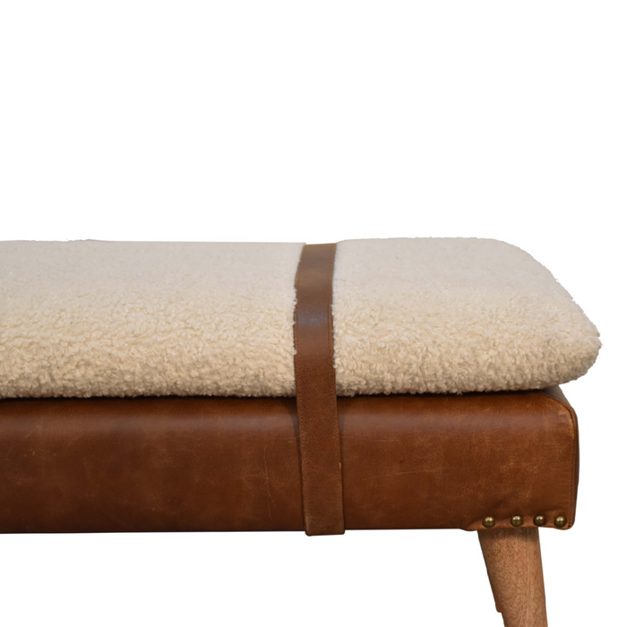 Artisan Furniture Solid Wood Boucle Buffalo Hide Leather Bench