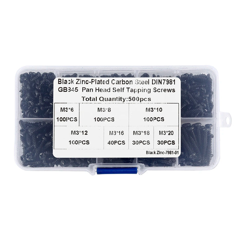 340/500pcs M3 Phillips Pan Head Screws Self Tapping Drilling Screws Assortment Kit Carbon Steel 6mm 8mm 10mm 12mm 16mm 18mm 20mm