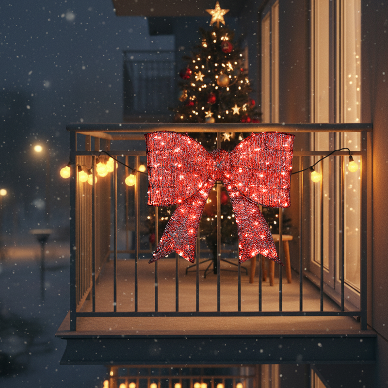 Pre-lit Outdoor Giant Bowknot Christmas Decoration, Lighted Metal Frame with 124 Warm White LED Lights, for Front Door Gate Wall Indoor Outdoor Holiday Party, Red