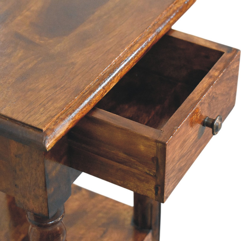 Artisan Furniture Solid Wood Tall Turned Leg Side Table, 1 Drawer & 2 Shelves, Brown