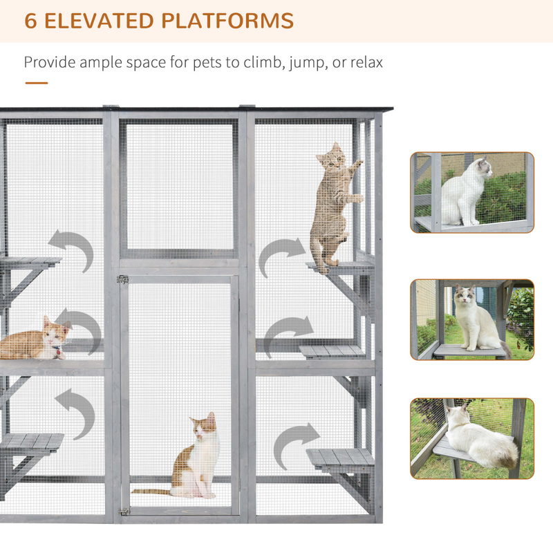 PawHut Wooden Cat House with Platforms, Cat Cage for Multiple Kittens