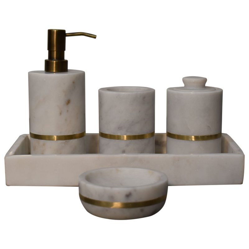 Artisan Furniture Bathroom Accessories - Brass Inlay Bathroom Set of 5, White Marble