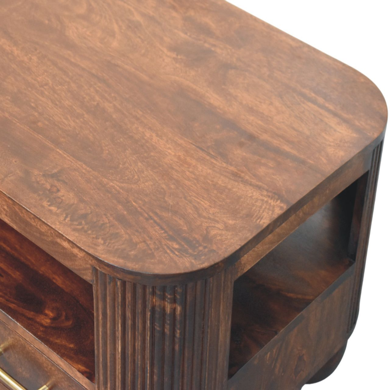 Artisan Furniture Solid Wood Sphere Leg Coffee Table, 2 Drawers And Open Slot, Dark Brown